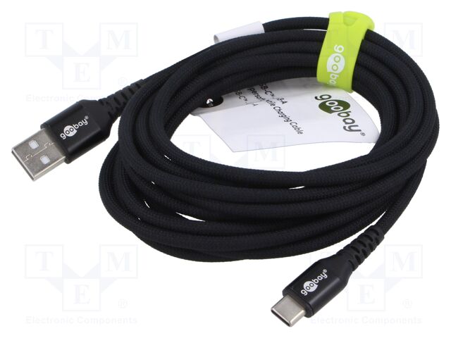 Cable; USB 2.0; USB A plug,USB C plug; 3m; black; 0.48Gbps; 60W; 3A