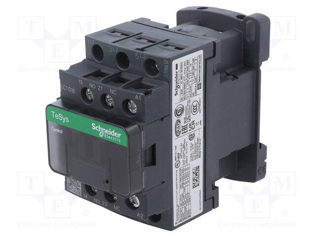 Contactor: 3-pole; NO x3; Auxiliary contacts: NO + NC; 380VAC; 18A