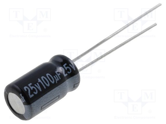 Capacitor: electrolytic; THT; 100uF; 25VDC; Ø6.3x11mm; Pitch: 2.5mm