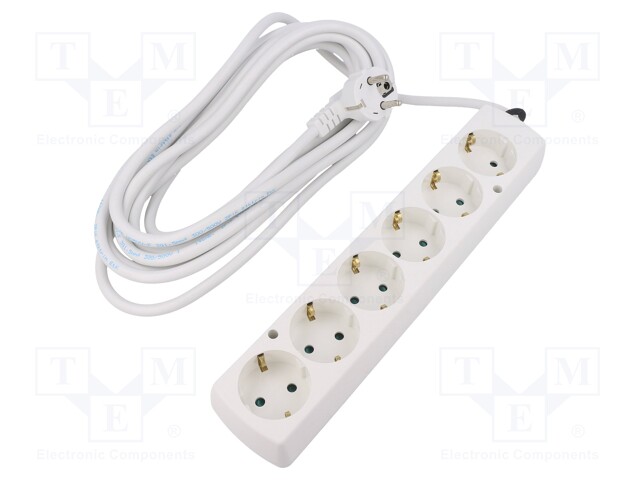 Extension lead; Schuko; Sockets: 6; white; 3x1,5mm2; 5m; 16A