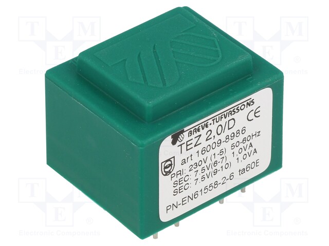 Transformer: encapsulated; 2VA; 230VAC; 7.5V; 7.5V; 133.3mA; IP00