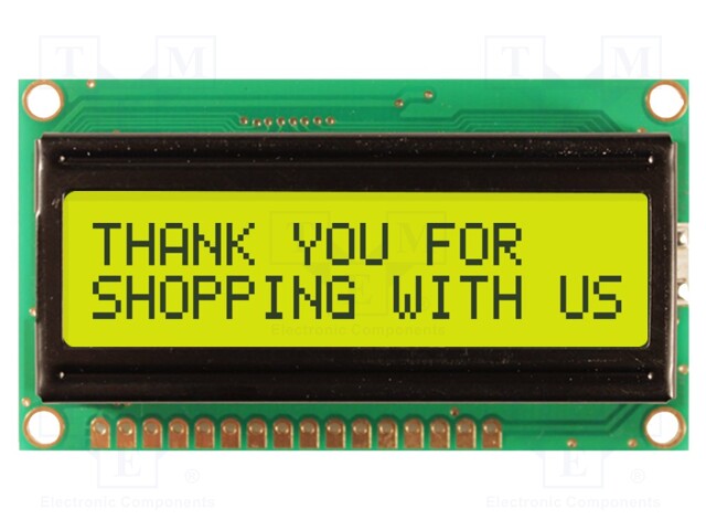 Display: LCD; alphanumeric; STN Positive; 16x2/2x16; yellow-green