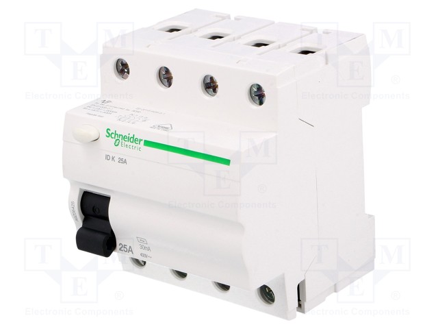 RCD breaker; Inom: 25A; Ires: 30mA; Poles: 4; 400V; Mounting: DIN