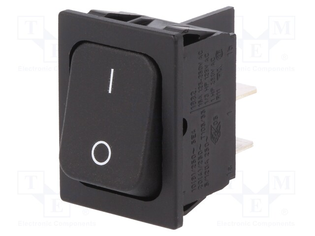 ROCKER; DPST; Pos: 2; OFF-ON; 20A/250VAC; black; IP40; none; 100mΩ