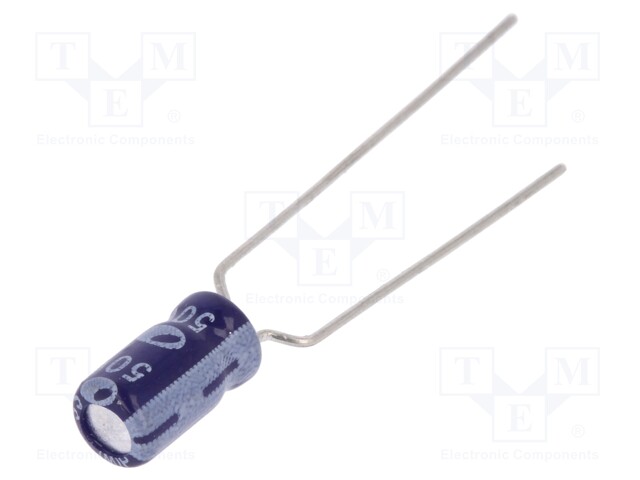 Capacitor: electrolytic; THT; 1uF; 50VDC; Ø4x7mm; Pitch: 5mm; ±20%