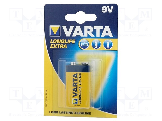 Battery: alkaline; 9V; 6F22; LONGLIFE; Batt.no: 1; non-rechargeable