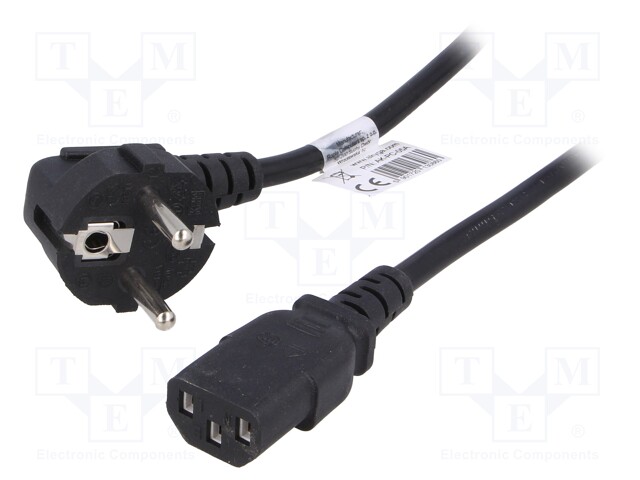 Cable; CEE 7/7 (E/F) plug angled,IEC C13 female; 5m; black; PVC