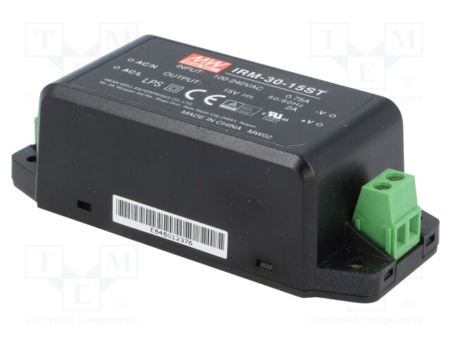 Power supply: switched-mode; modular; 30W; 15VDC; 91x39.5x28.5mm