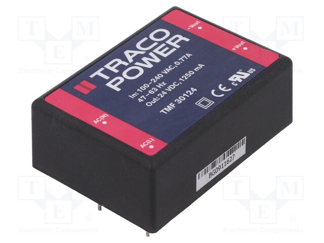 Converter: AC/DC; 30W; Uout: 24VDC; Iout: 1250mA; 85%; Mounting: PCB