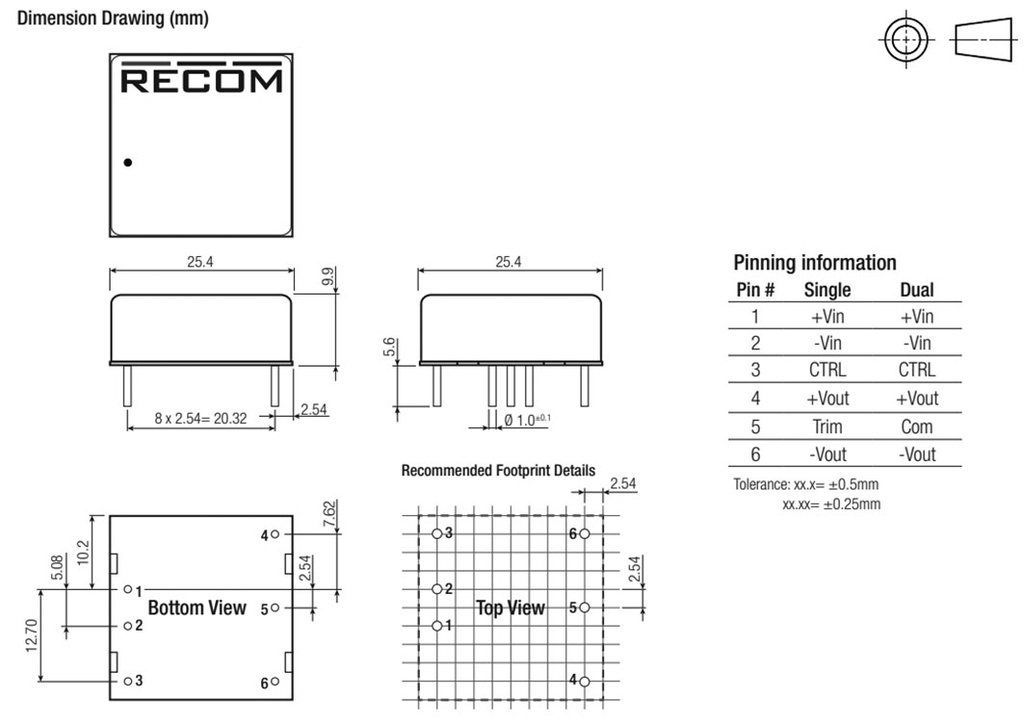 Converter: DC/DC; 12W; Uin: 36÷160V; Uout: 24VDC; Iout: 500mA; 1"x1"