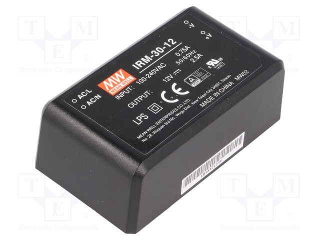 Power supply: switched-mode; modular; 30W; 12VDC; 69.5x39x24mm