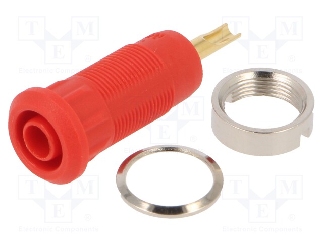 Socket; 2mm banana; Overall len: 29mm; red; Mounting: soldered