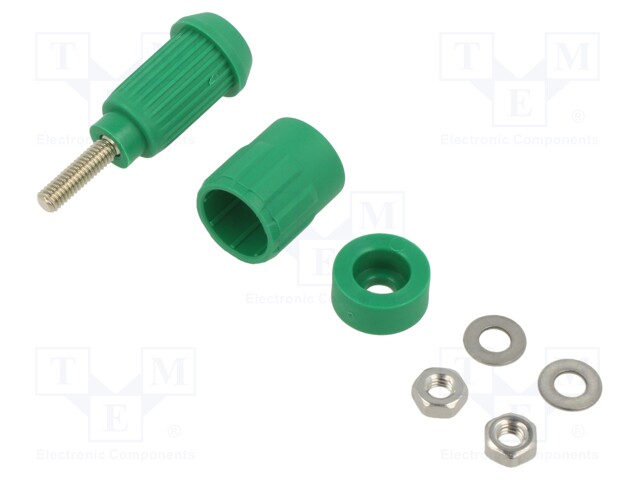 Socket; 4mm banana; 20A; green; screw; insulated