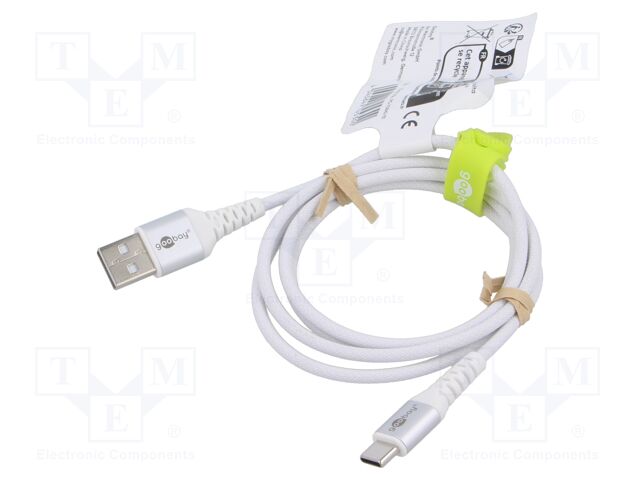 Cable; USB 2.0; USB A plug,USB C plug; 1m; white; 0.48Gbps; 60W; 3A