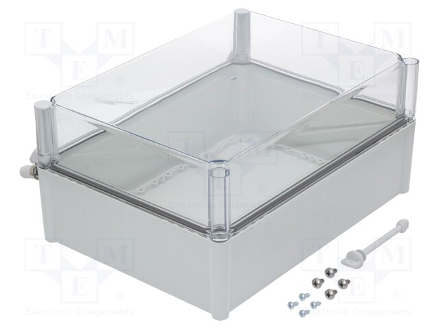 Enclosure: multipurpose; X: 278mm; Y: 378mm; Z: 180mm; with hinges