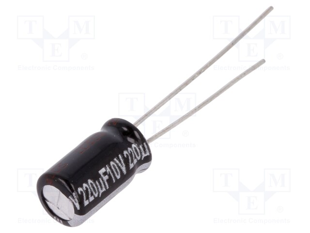 Capacitor: electrolytic; THT; 220uF; 10VDC; Ø6.3x11mm; Pitch: 2.5mm