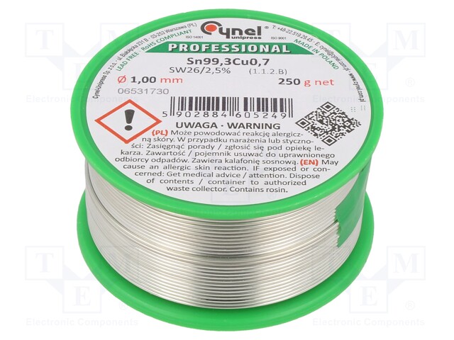 Soldering wire; Sn99,3Cu0,7; 1mm; 250g; lead free; Package: reel