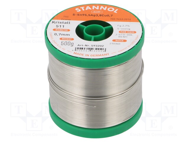 Soldering wire; Sn95Ag4Cu1; 700um; 0.5kg; lead free; Package: reel