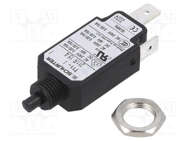 Circuit breaker; Urated: 240VAC; 48VDC; 15A; SPST; Poles: 1; screw