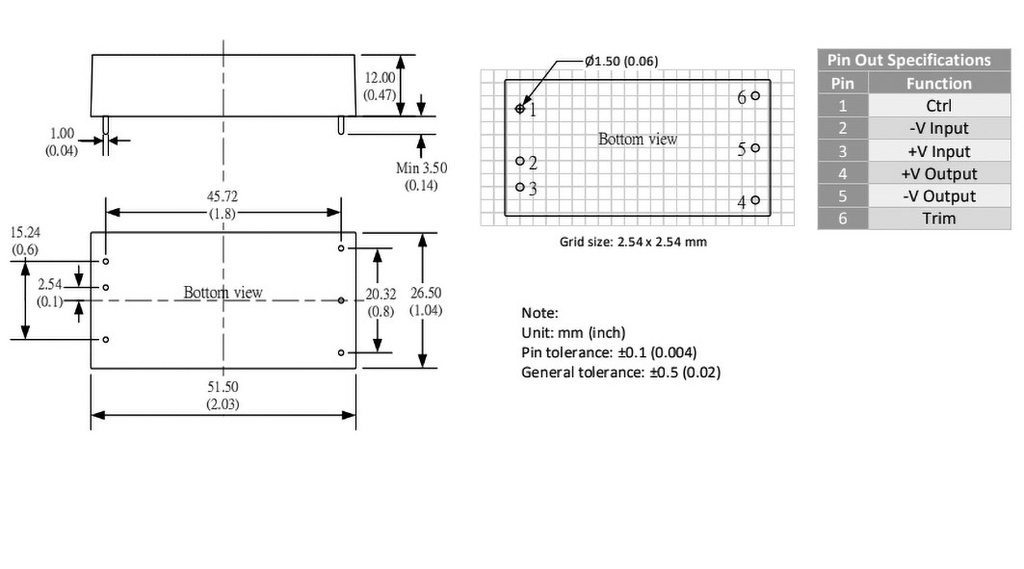 Converter: DC/DC; 20W; Uin: 9÷36V; Uout: 3.3VDC; Iout: 5A; 2"x1"; 27g