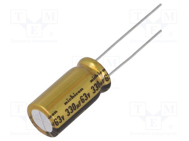 Capacitor: electrolytic; THT; 330uF; 63VDC; Ø10x20mm; Pitch: 5mm