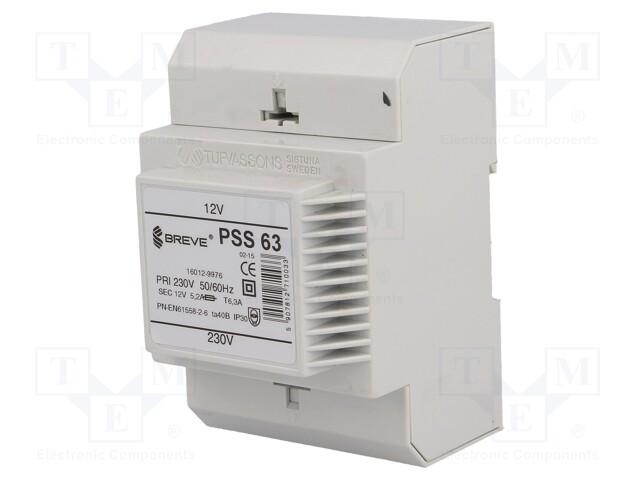 Transformer: safety; 63VA; 230VAC; 12V; IP30; Mounting: DIN; 1.1kg