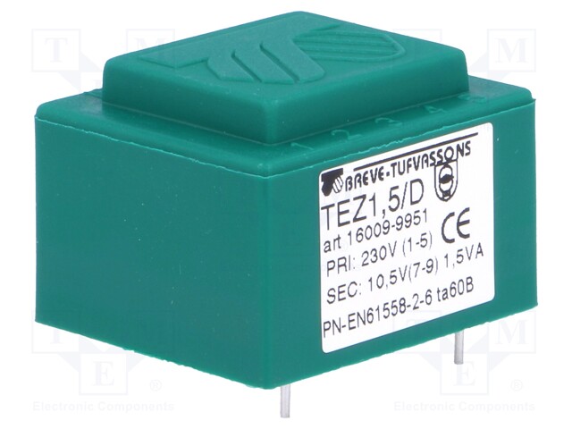 Transformer: encapsulated; 1.5VA; 230VAC; 10.5V; 142.8mA; IP00