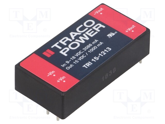 Converter: DC/DC; 15W; Uin: 9÷18V; Uout: 15VDC; Iout: 1A; 2"x1"; 30g