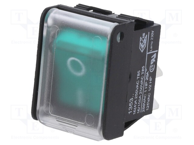 Rocker Switch, Off-On, DPST, Illuminated, Panel Mount, Green, 1350 Series