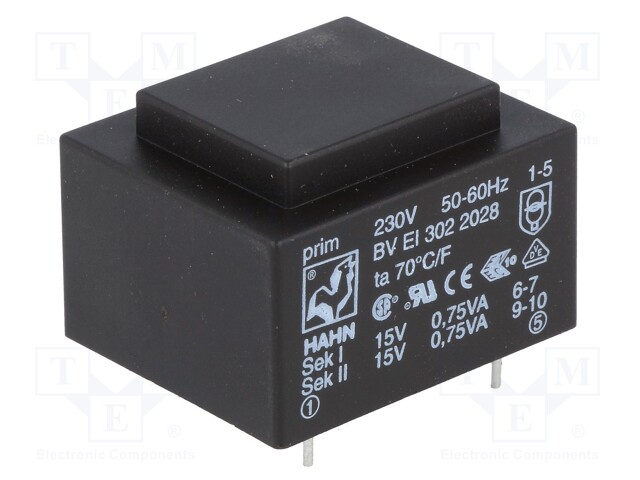 Transformer: encapsulated; 1.5VA; 230VAC; 15V; 15V; 50mA; 50mA; 70g