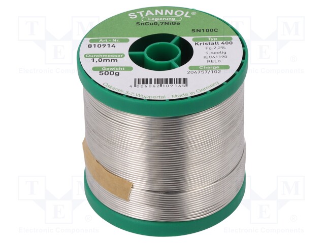 Soldering wire; Sn99,3Cu0,7+NiGe; 1mm; 0.5kg; lead free; 227°C