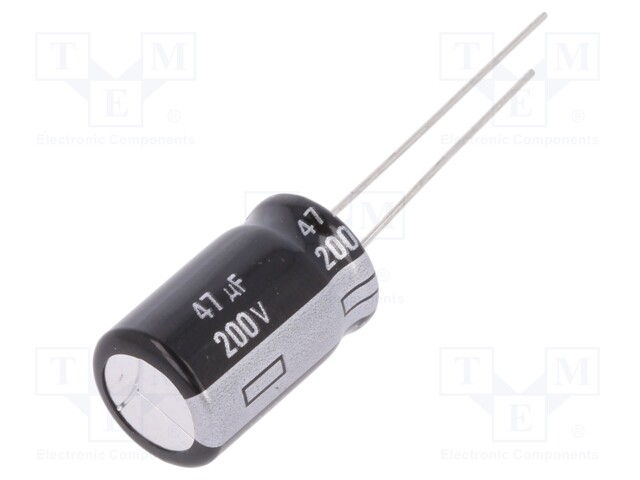 Capacitor: electrolytic; THT; 47uF; 200VDC; Ø12.5x20mm; Pitch: 5mm