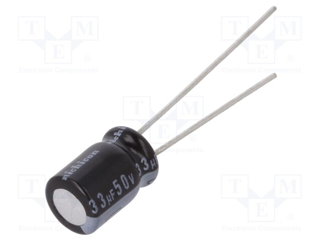 Capacitor: electrolytic; THT; 33uF; 50VDC; Ø6.3x9mm; Pitch: 2.5mm