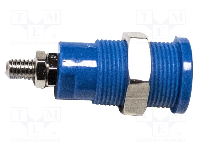 4mm banana; 36A; 1kV; blue; nickel plated; on panel,screw; brass