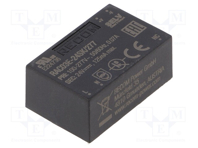 Converter: AC/DC; 3W; Uout: 24VDC; Iout: 125mA; 79%; Mounting: PCB