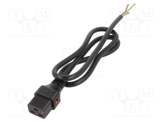 Cable; IEC C19 female,wires; 1m; with IEC LOCK locking; black