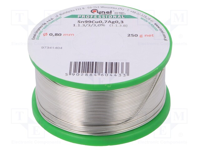 Soldering wire; Sn99Ag0,3Cu0,7; 0.8mm; 250g; lead free; 216÷227°C