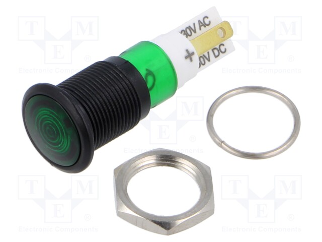 Indicator: LED; prominent; green; 230VAC; Ø12mm; IP50; ØLED: 15mm