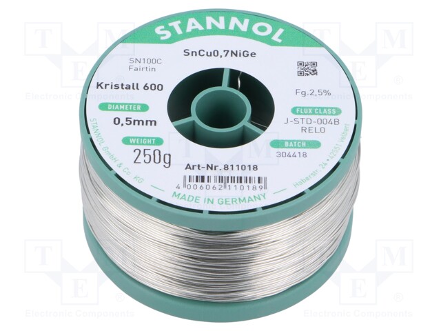 Soldering wire; Sn99,3Cu0,7+NiGe; 0.5mm; 250g; lead free; 2.5%