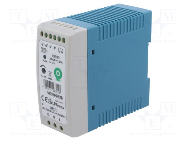 Power supply: switching; for DIN rail; 60W; 48VDC; 1.25A; OUT: 1