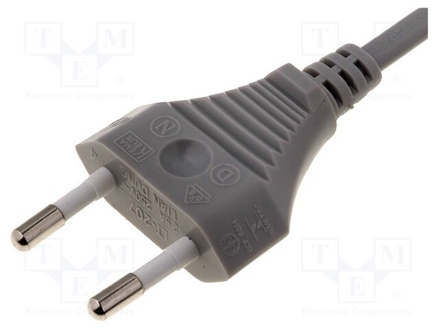 Cable; CEE 7/16 (C) plug,wires; 1.8m; grey; PVC; 2x0,5mm2; 2.5A