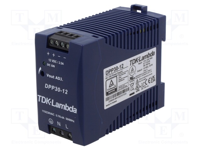 Power supply: switched-mode; for DIN rail; 30W; 12VDC; 2.5A; 82%