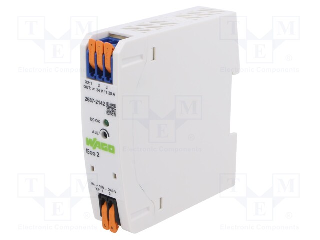 Power supply: switched-mode; for DIN rail; 30W; 24VDC; 1.25A; 80%