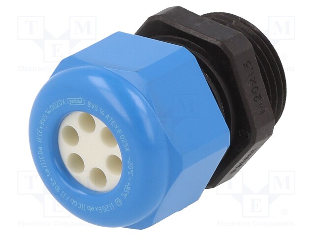 Cable gland; M20; IP68; Mat: polyamide; black-blue; Holes no: 6; 3mm