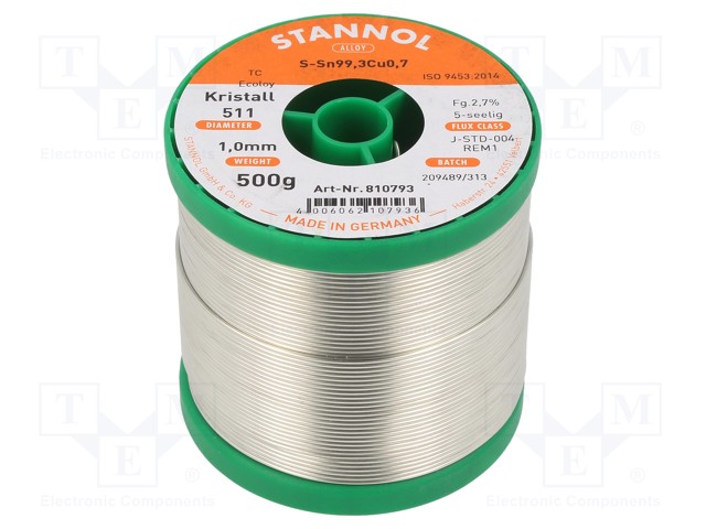 Soldering wire; Sn99Cu1; 1mm; 0.5kg; lead free; Package: reel