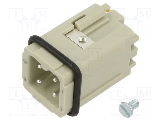 Heavy Duty Connector, Han A Series, Insert, 3 Contacts, 3A, Plug, Push Lock Pin