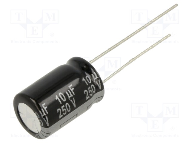 Capacitor: electrolytic; THT; 10uF; 250VDC; Ø10x16mm; Pitch: 5mm