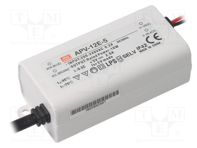 Power supply: switched-mode; LED; 10W; 5VDC; 2A; 180÷264VAC; IP42