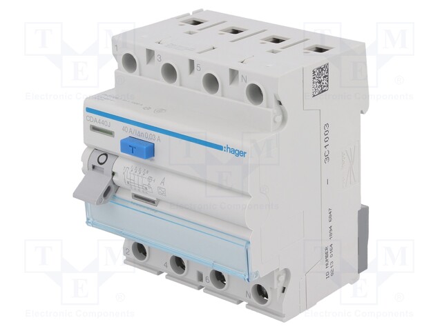 RCD breaker; Inom: 40A; Ires: 30mA; Max surge current: 250A; 400V