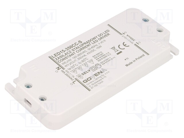 Power supply: switched-mode; LED; 15W; 10÷43VDC; 350mA; 185÷265VAC